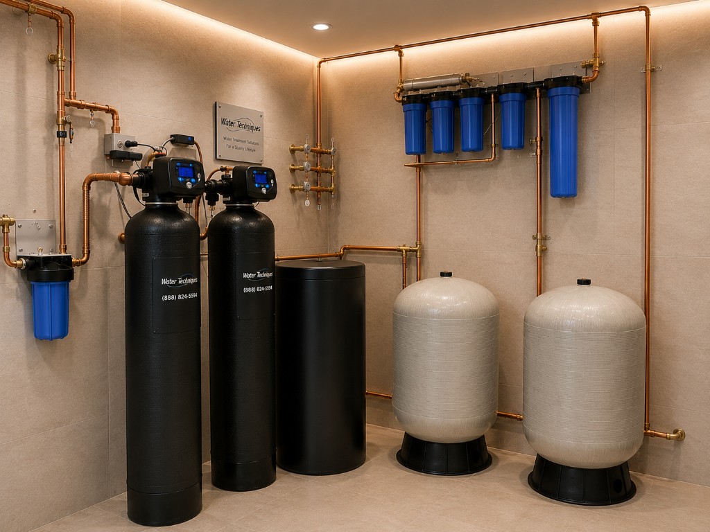 Whole-house water filtration and softening system professionally installed by Water Techniques for cleaner, higher-quality water throughout the home